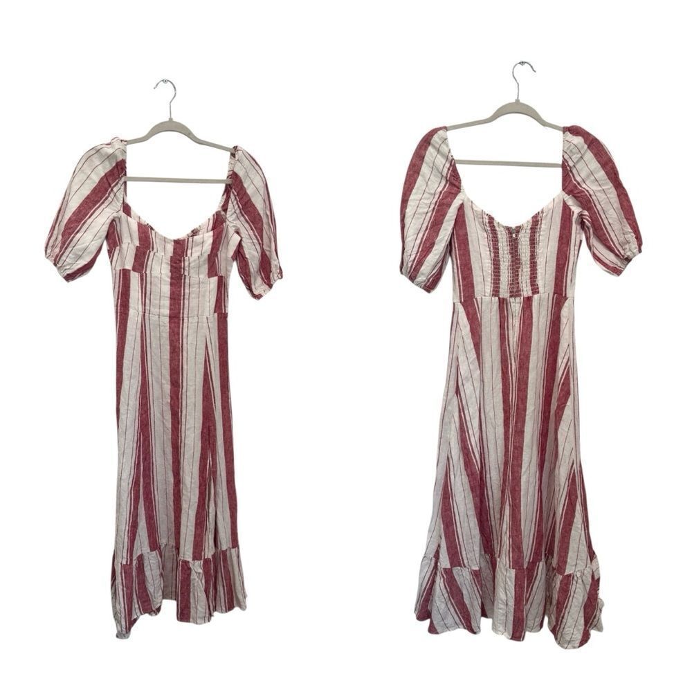 Reformation Belgium Linen Midi Dress in Savannah Stripe Red - Picture 7 of 9